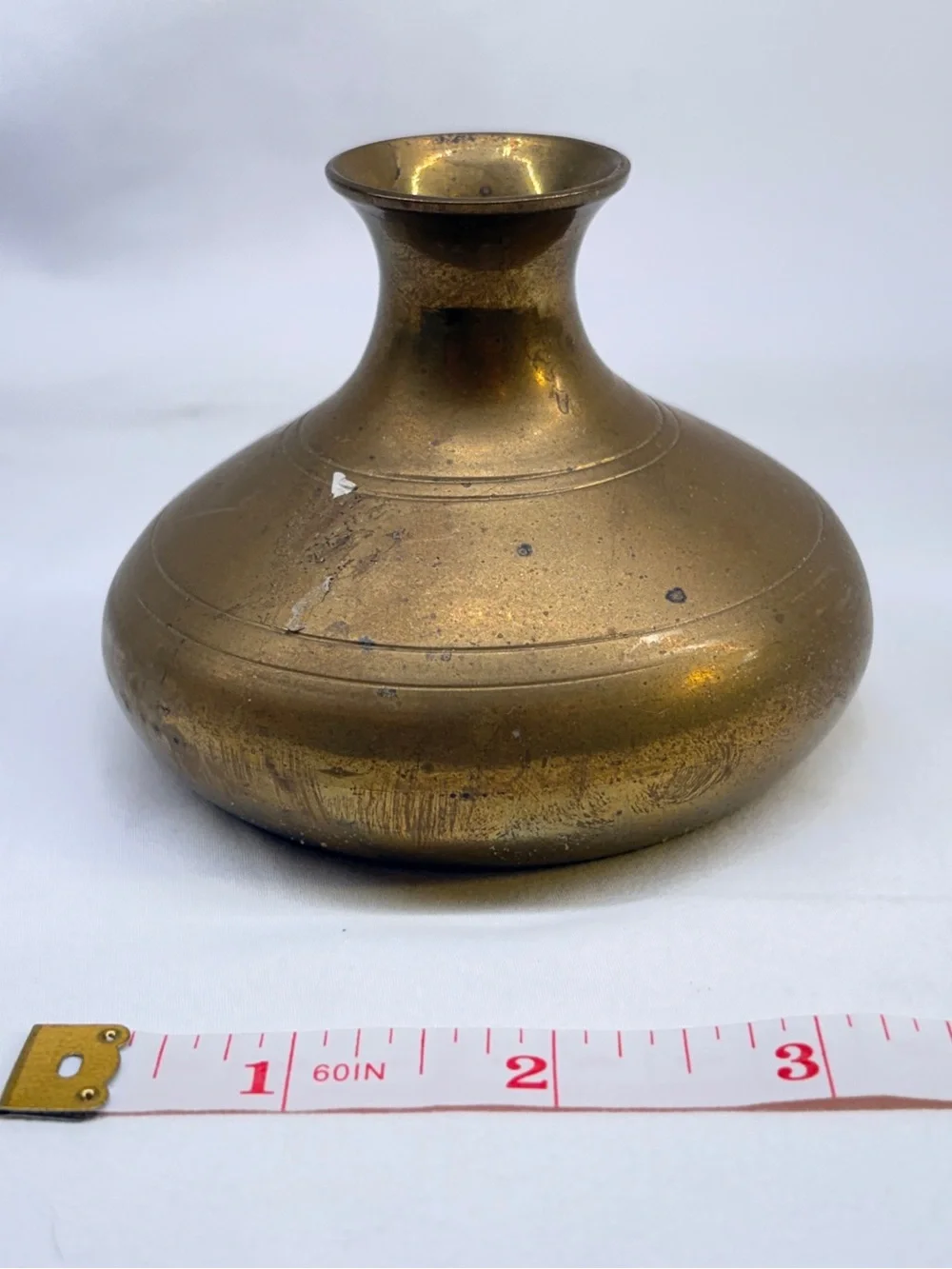 Vintage Brass Squat Bud Vase Small Round Etched Line Pot Home Decor